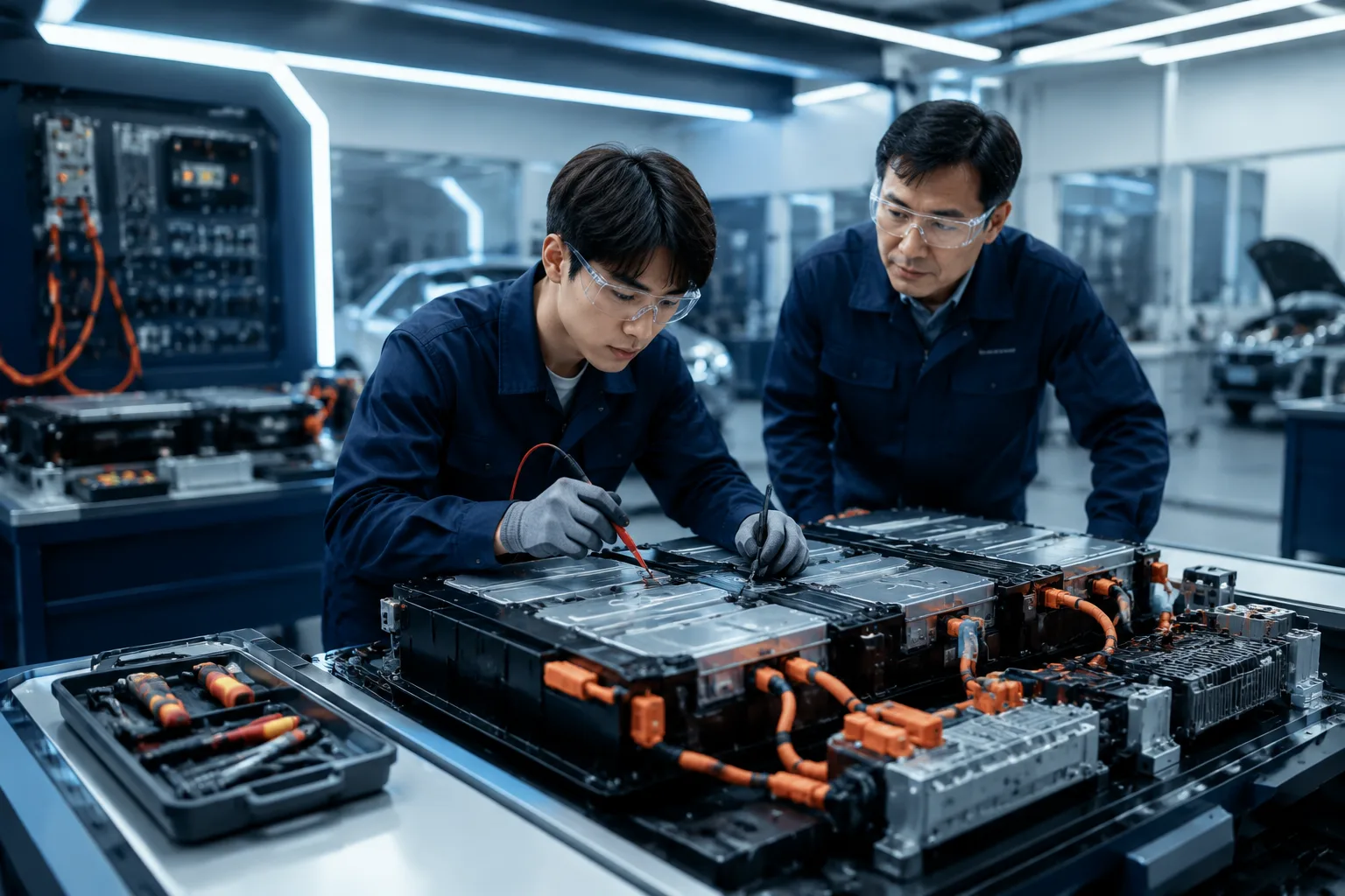 Instructor guiding a battery diagnostic exercise on a precision training platform