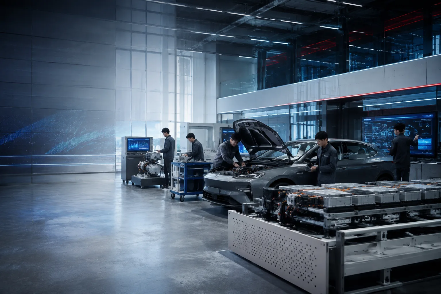 Modern NEV training laboratory with students, an electric vehicle, and diagnostic platforms