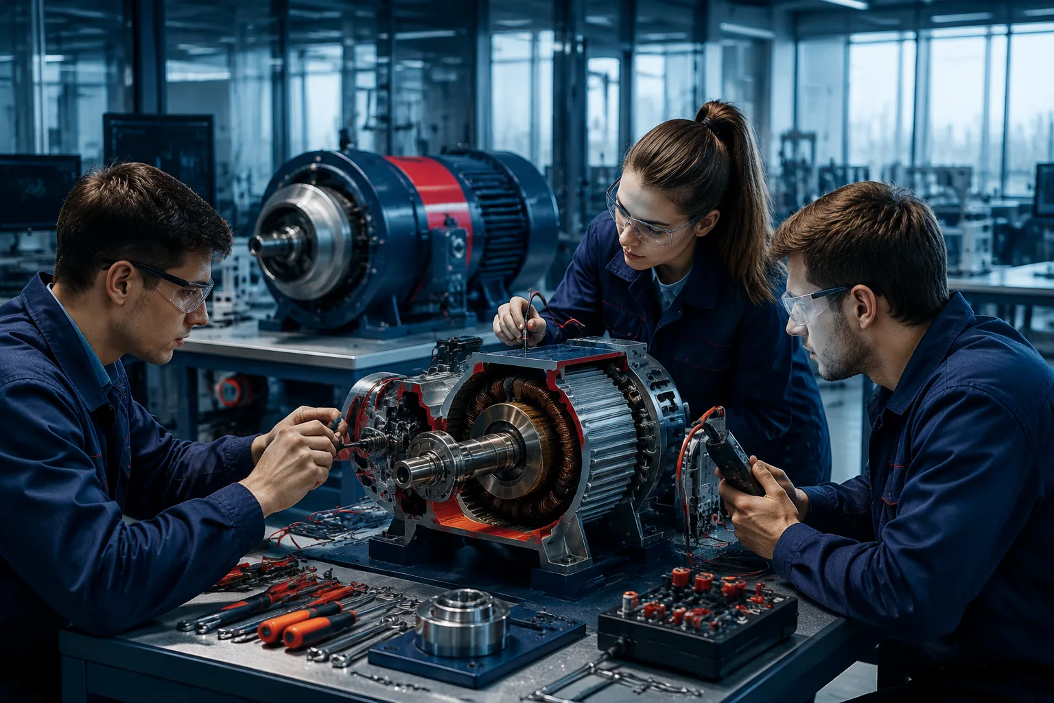 Students measuring an electric drive motor on a training bench